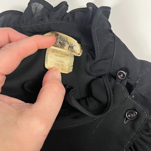 Vintage Elite 70’s blouse long sleeves button shirt shear ruffle black size 16 - Picture 6 of 9